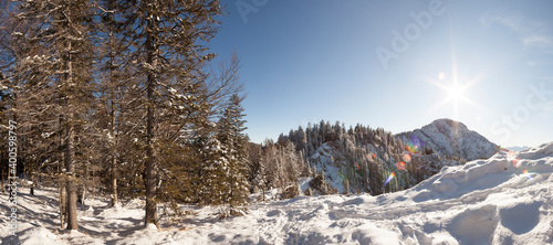 Winter panorama from Kocheler Sonnenspitz mountain in Bavaria, Germany