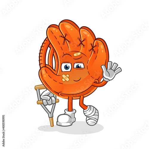 baseball glove sick with limping stick character. cartoon mascot vector