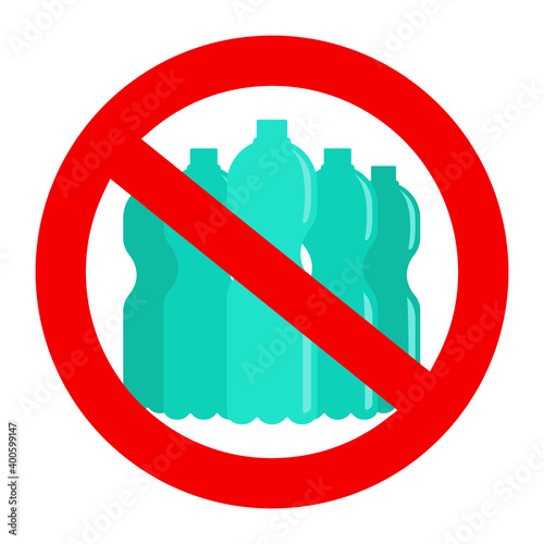 Prohibition or ban sign with disposable blue plastic bottles. Plastic Free concept, stop using plastic vector illustration	