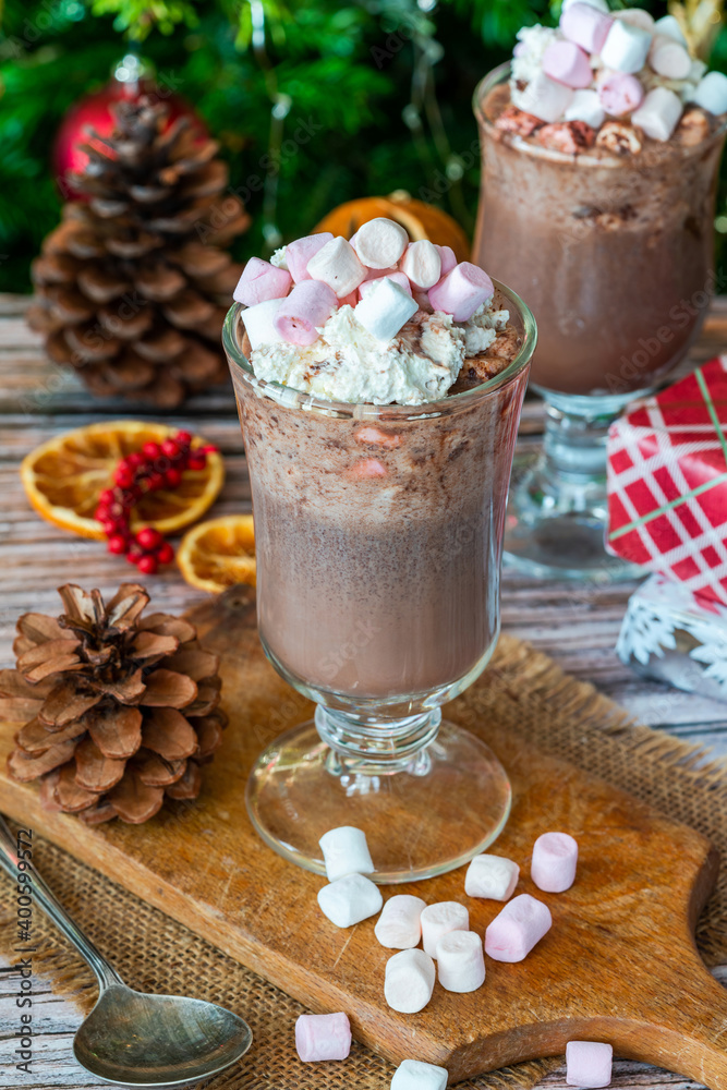 Hot chocolate with whipped cream and marshmallows