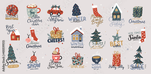 Collection of cute Christmas and Happy New Year prints. Hand drawn vector illustration.