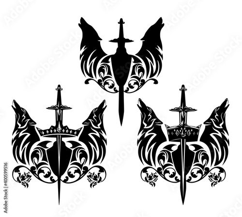 howling wolf heads with heraldic shield, king crown and rose floral decor - royal coat of arms black and white vector design set