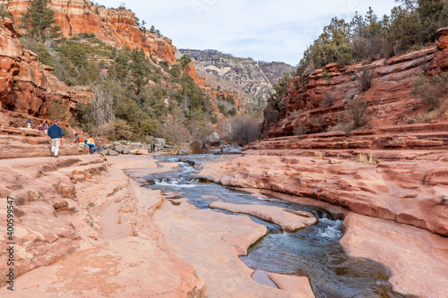ARIZONA, USA - DECEMBER 31, 2017:  Slide Rock State Park is a state park of Arizona, USA, taking its name from a natural water slide formed by the slippery bed of Oak Creek.
