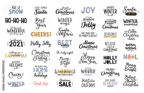 Christmas and Happy New Year lettering set. Hand drawn holiday quotes and phrases. Vector illustration.