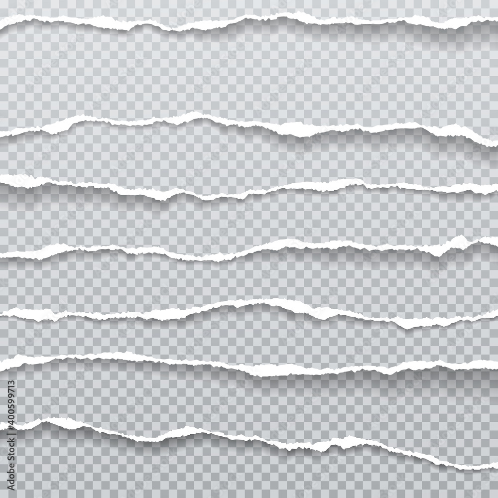 Obraz premium Pieces of torn, ripped white paper strips with soft shadow are on grey transparent background for text. Vector illustration