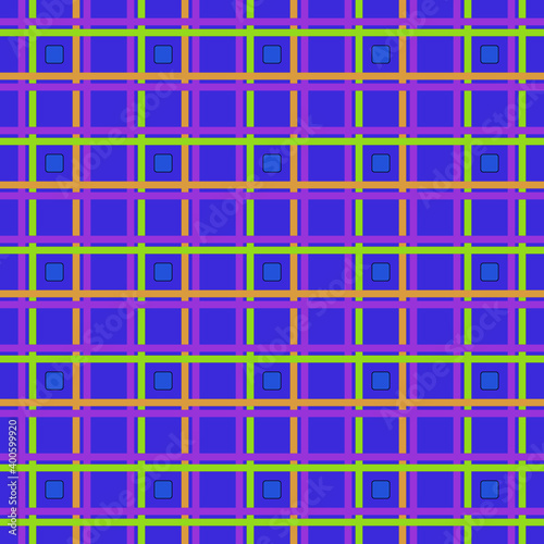 A cage of thin stripes of shades: purple, light green, orange on a blue background. Light blue squares dilute the stripes.