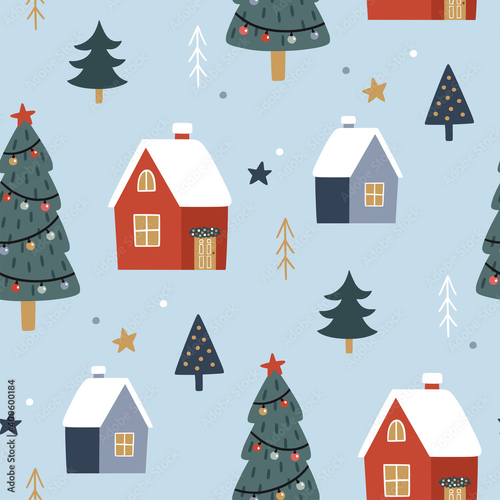 Christmas seamless pattern. Cute festive background. Vector illustration. Holiday endless texture.
