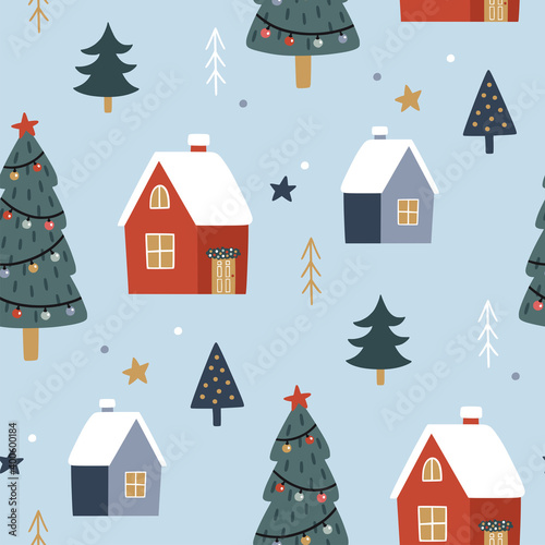 Christmas seamless pattern. Cute festive background. Vector illustration. Holiday endless texture.