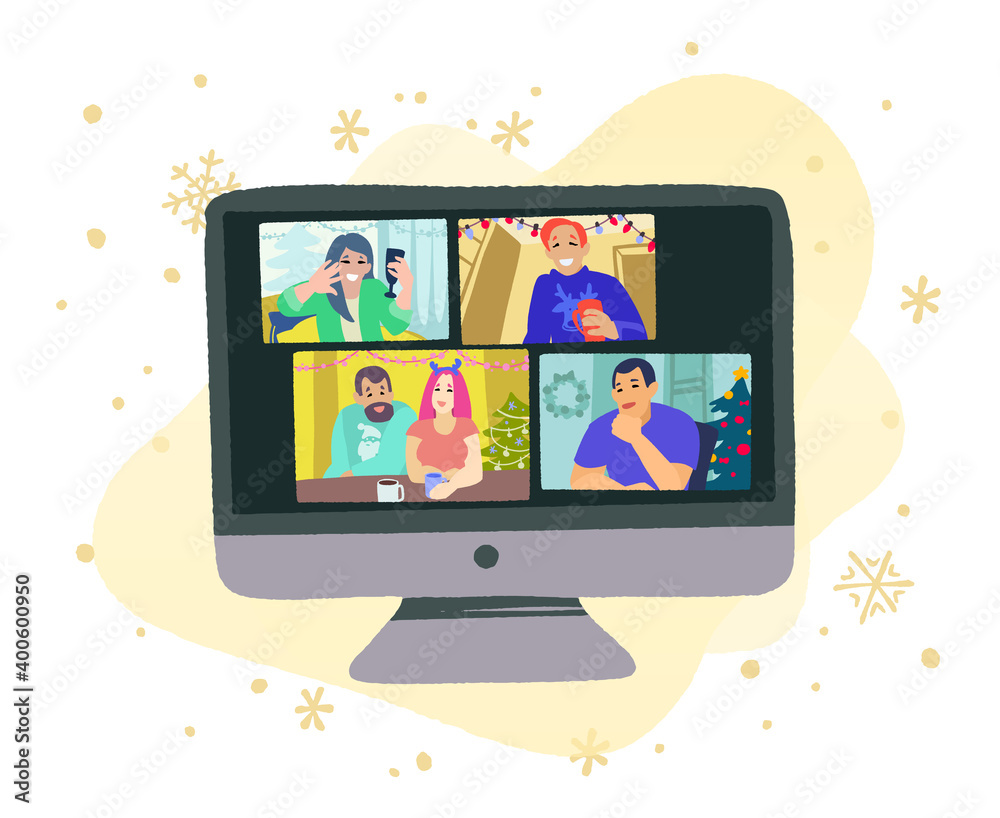 Christmas or New Year video chat online. Internet communication during quarantine. Christmas or New Year video chat online. Internet communication during quarantine.