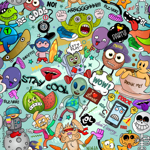 Vector graffiti seamless texture with bizarre elements and characters and other shiny creative elements. Print fabric vector pattern with pop art patches for print, party, children's room.