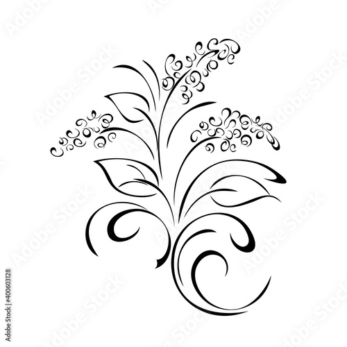 ornament 1441. decorative twig with small flowers, leaves and curls in black lines on white background