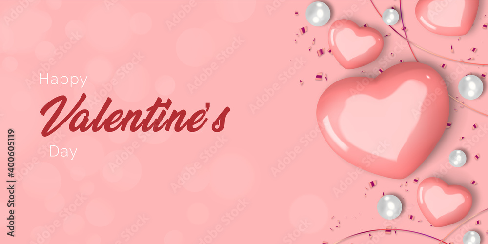 Realistic valentines day. Romantic Premium Vector background with pink hearts and pearls. Flatlay