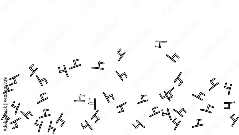 Hand drawn chairs flying randomly on white background. Furniture screensaver concept.