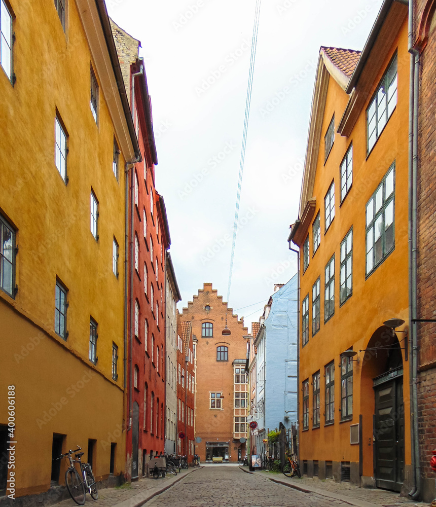 Beautiful colourful buildings in Copenhague,  Magstraede street