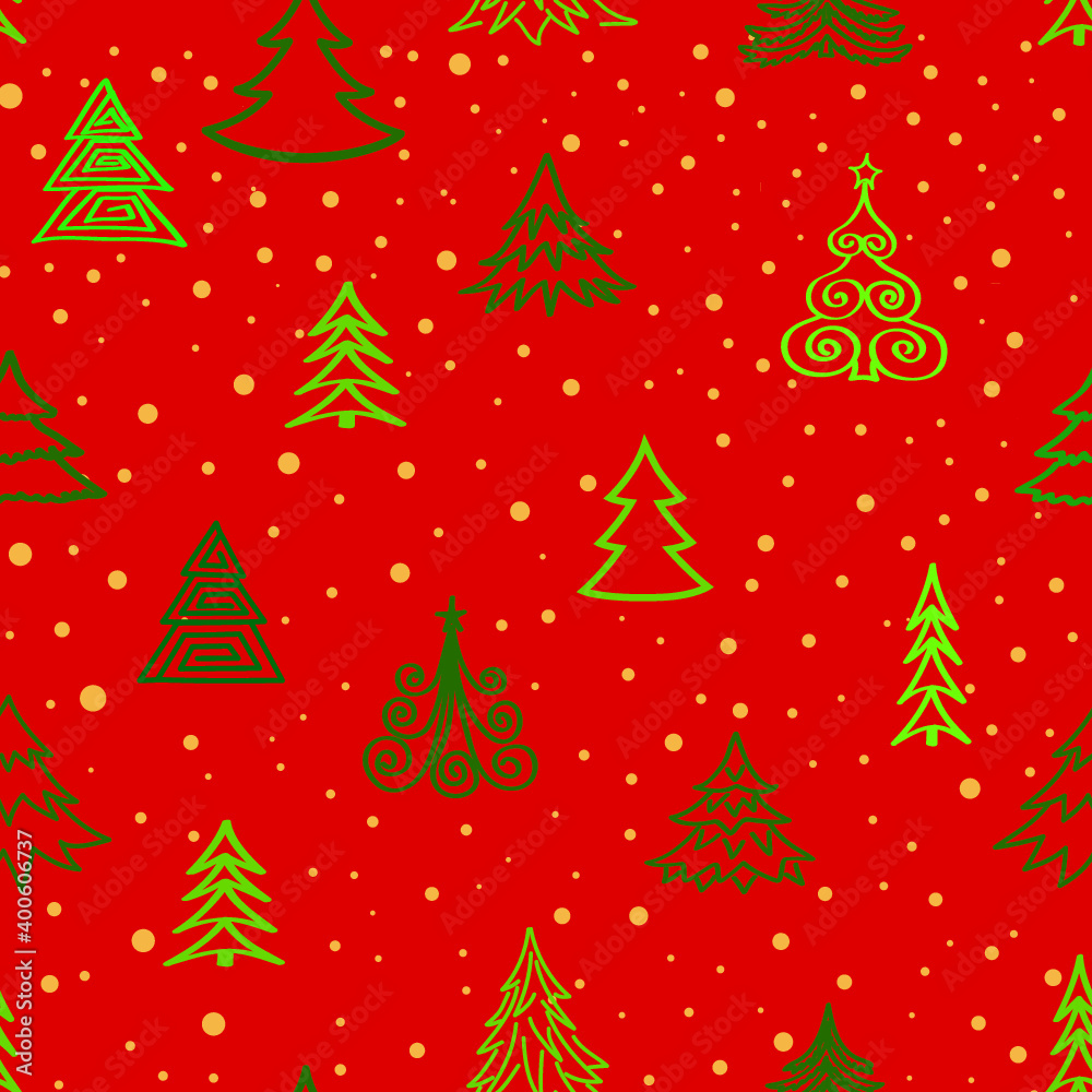 Christmas tree snow winter forest pattern. Holiday icons and New Year Tree xmas background