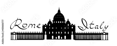 Rome travel landark Saint Peter Cathedral. Italian famous place San Pietro square silhouette icon with handwritten Lettering Rome Italy