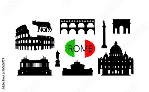Rome travel landmark set. Italian famous places silhouette icons. Architecture, building, arch, monument, brindge, sculpture main sightseeing tourist signs