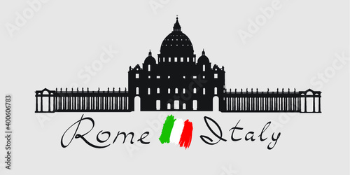 Rome travel landark San Peter Cathedral. Italian famous place San Pietro square silhouette icon with handwritten Lettering Rome Italy and italian flag.