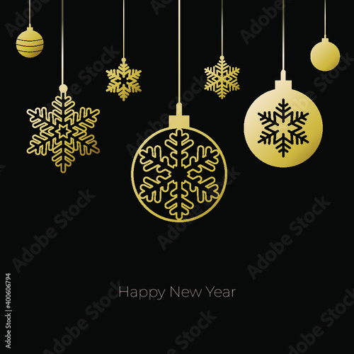 Christmas and New Year with golden snowflake and balls on black background. Xmas and New 2021 Year celebration preparation. Vector flat cartoon style. Greeting card  banner  poster
