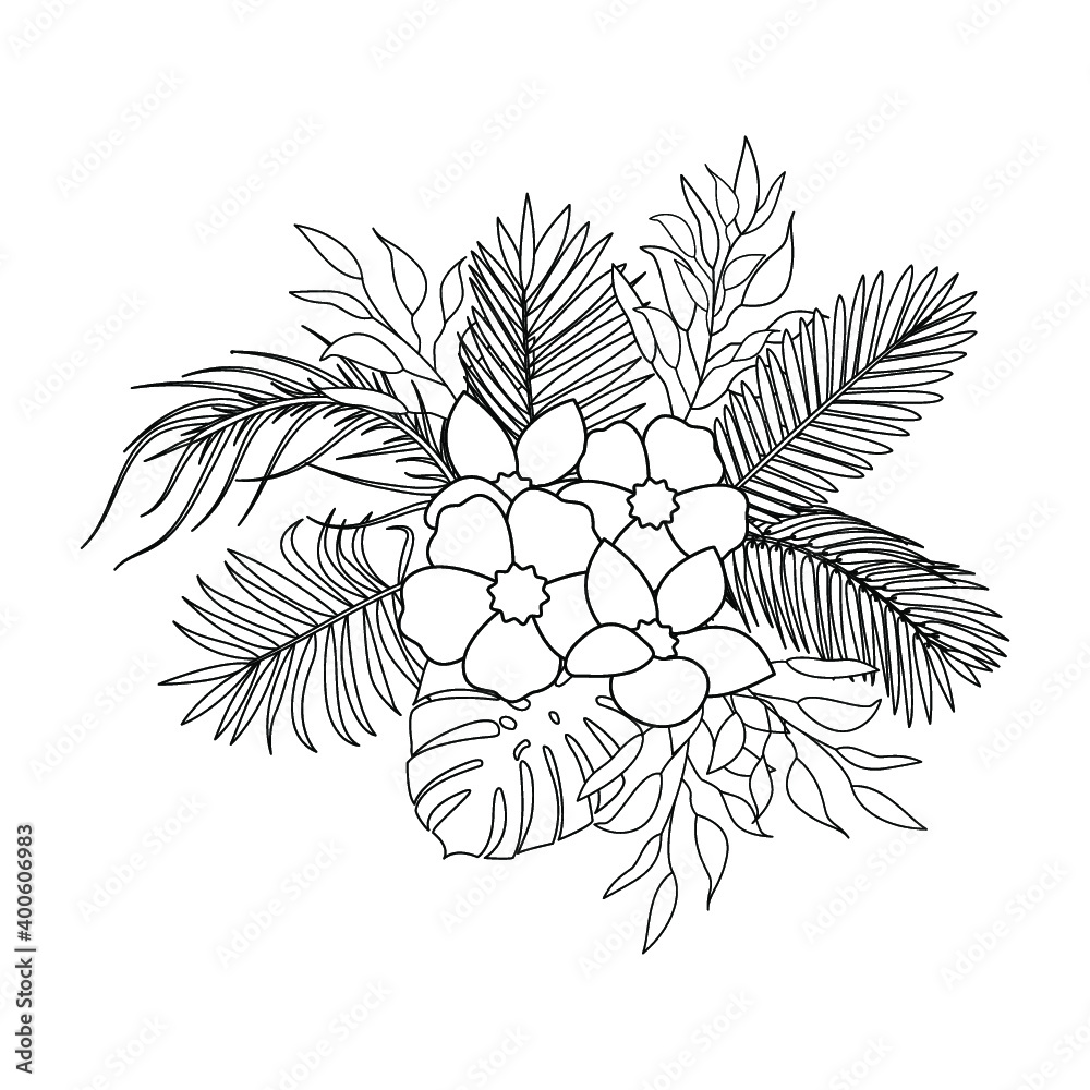 Tropical Leaves And Flowers Vector Artwork Illustration In Line Art Tropical Leaves And Flowers Vector Artwork Illustration In Line Art