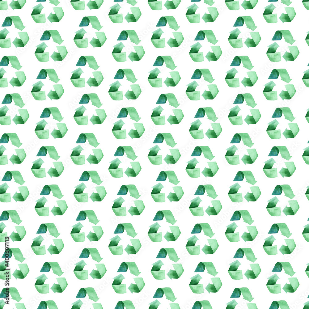 Watercolor greenery, recycling sign seamless pattern. Ecology pattern,  green planet, recycled packaging symbol
