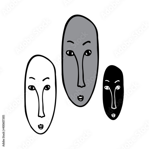 Isolated black and white vector illustration set of abstract lined cubist faces