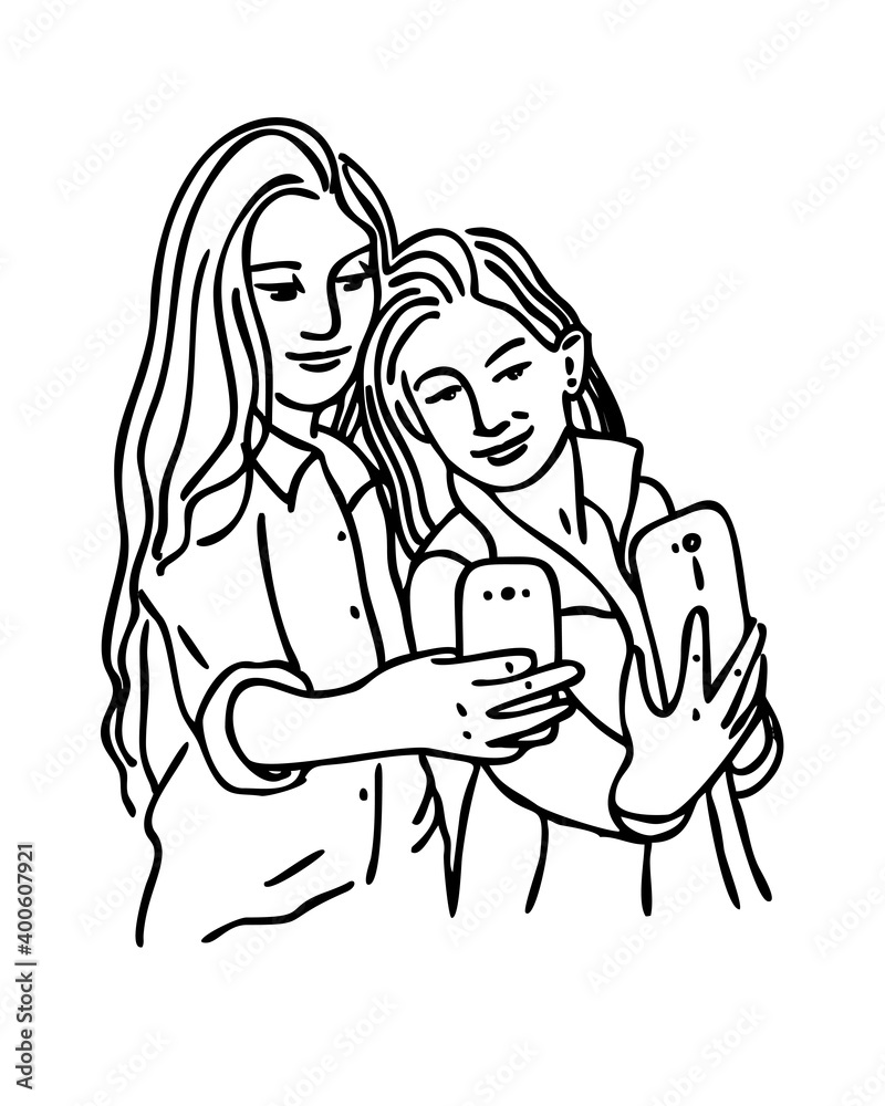 Two teenage girls make selfie on a smartphone. Girls showing positive emotions on their faces. Drawing lines. Outline style Two teenage girls make selfie on a smartphone. Girls showing positive emotions on their faces. Drawing lines. Outline style