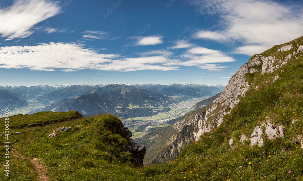 Naklejka premium Mountain panorama from Vorderes Sonnwendjoch mountain, Rofan, Tyrol, Austria