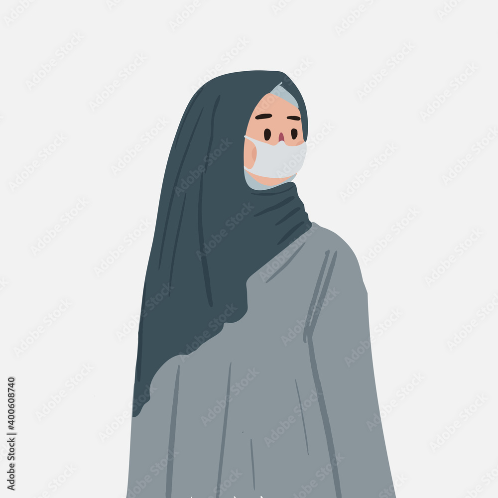 Muslim woman in hijab wearing mask. Protection from coronavirus. Vector illustration. Cartoon muslim girl