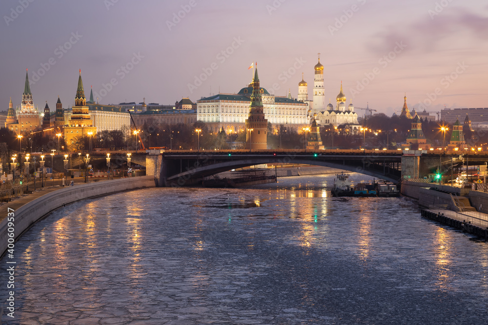 Morning view of the Kremlin and the Moscow river, Moscow, Russia