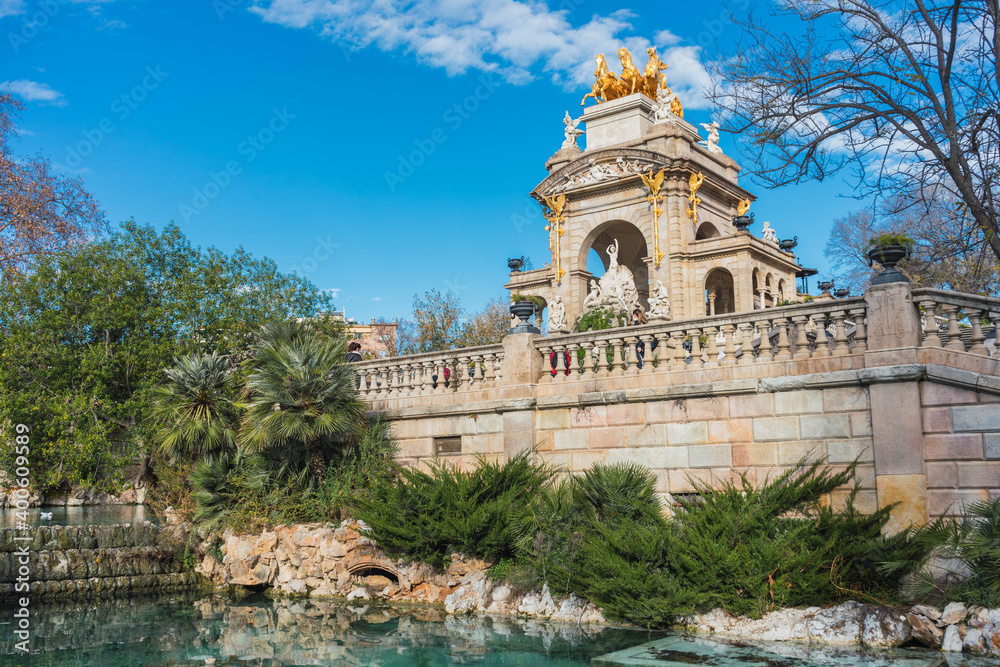 bottom view picturesque fountain in Parc de la Ciutadella in Barcelona. Spain