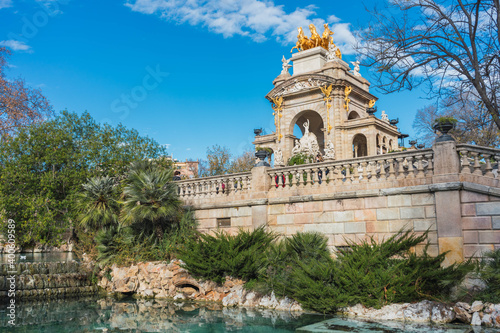 bottom view picturesque fountain in Parc de la Ciutadella in Barcelona. Spain