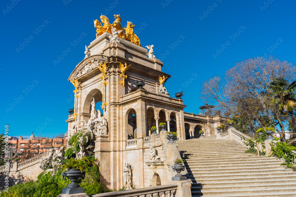 Picturesque stairs and sculpture fountain in Parc de la Ciutadella in Barcelona. Spain