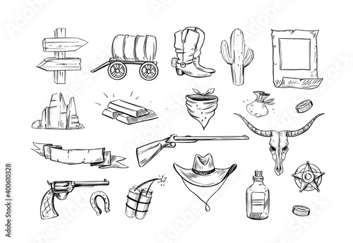 Cowboy set. Sketch illustration. Hand drawn elements converted to vector