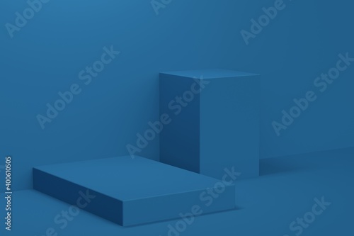 Abstract blue background with podium and overhead lighting. Backdrop design for product promotion. 3d rendering