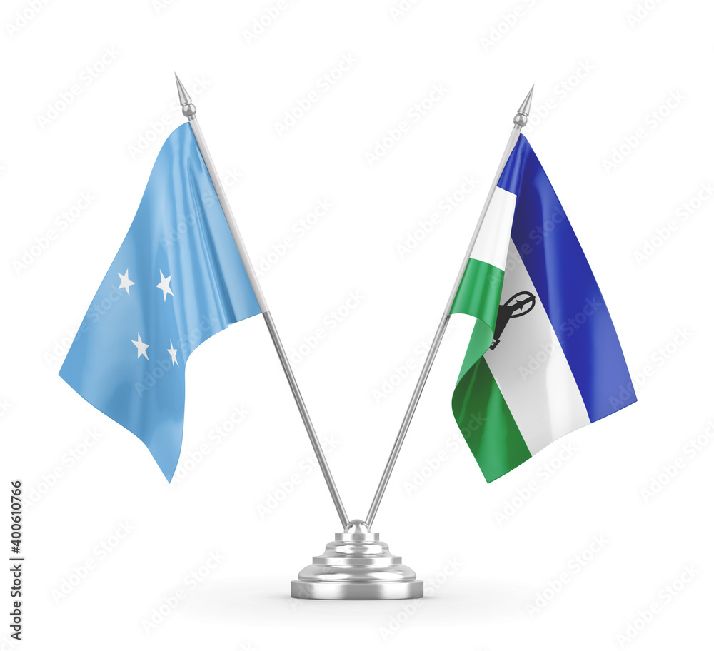 Lesotho and Micronesia table flags isolated on white 3D rendering