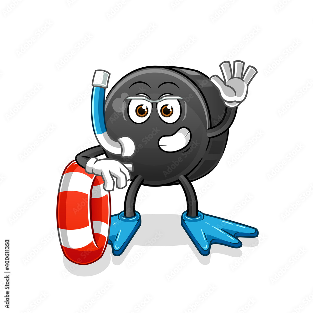 Fototapeta premium Hockey puck swimmer with buoy mascot. cartoon vector