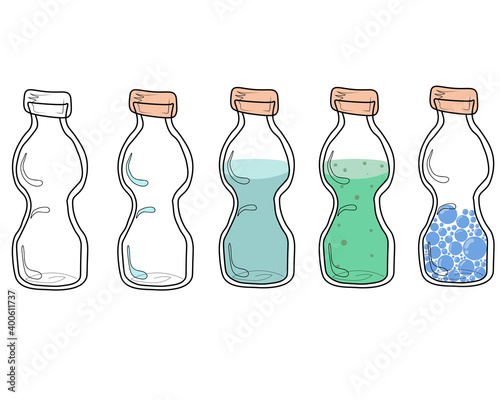 A glass bottles with a magic potion. A magic potion. Elixir. Flat vector illustration. glass bottles with different fillings, with water, with lexir, with bubbles. Empty bottle. Magic bottles. Alchemy