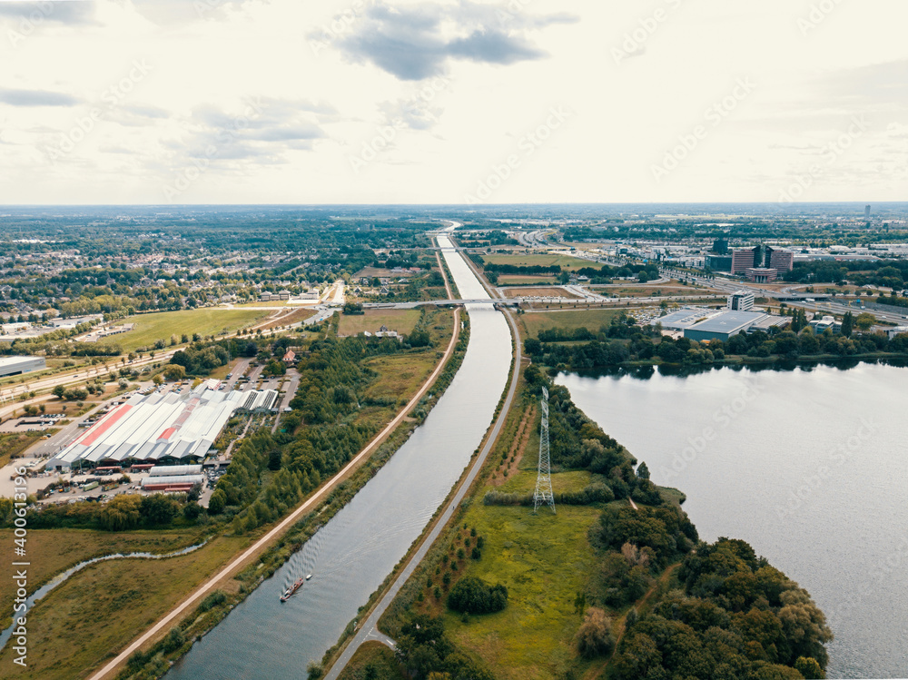 Aerial drone shot of the canal in the Netherlands