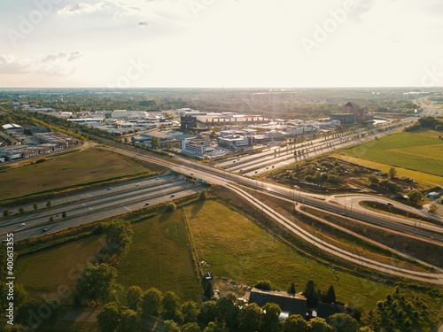 Aerial drone shot of the busy highway in the Netherlands.