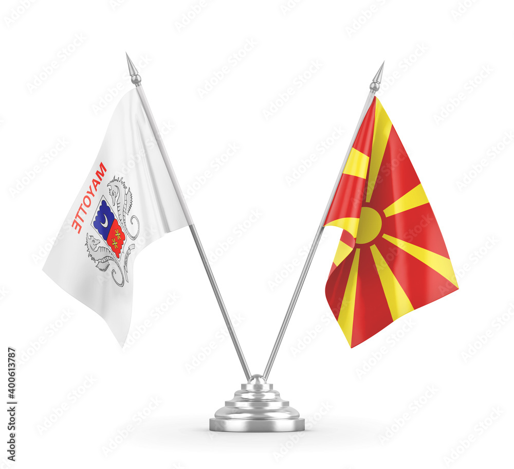 North Macedonia and Mayotte table flags isolated on white 3D rendering North Macedonia and Mayotte table flags isolated on white 3D rendering