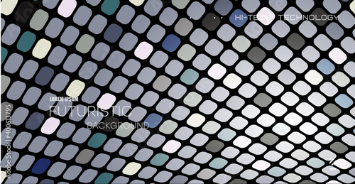 Tiled diagonal pattern of rounded squares. Gray inclined tiled wall. Distorted perspective.