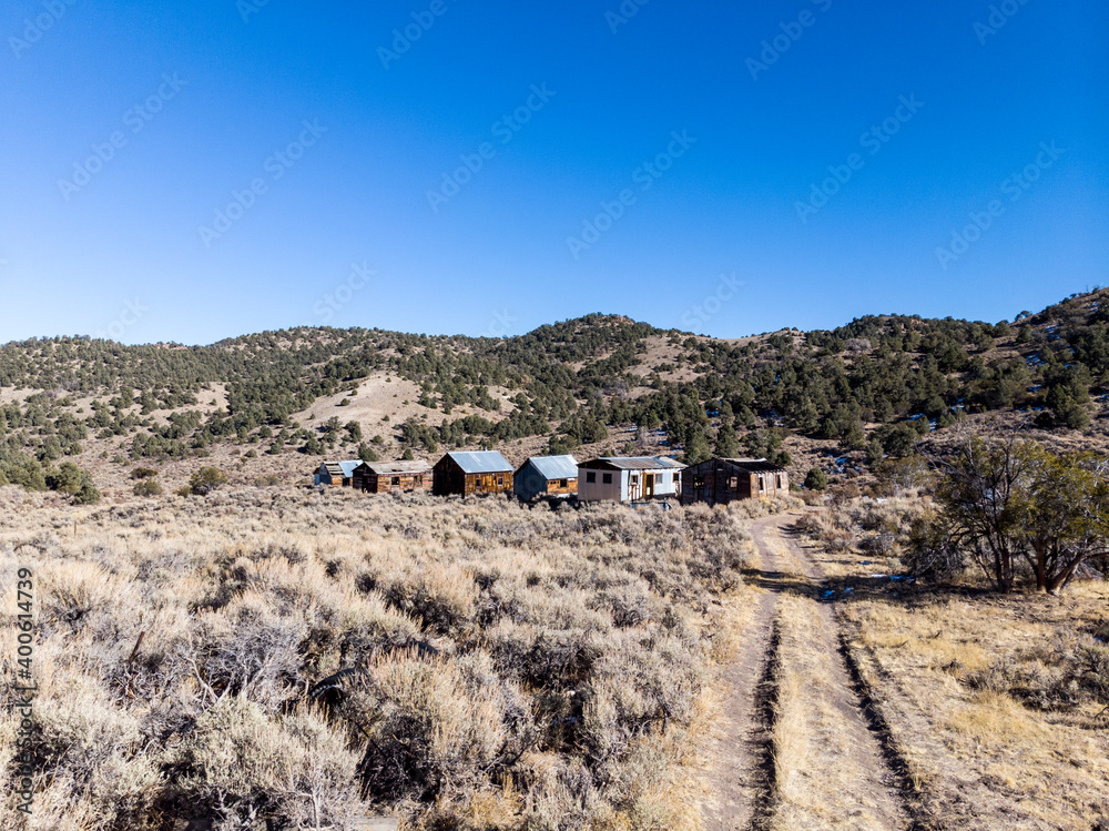 Old abandoned cabins ghost town in the mountains of Nevada