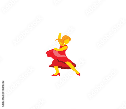 Dancing woman emoji icon. Dancing woman emoticon. Red dressed dancing woman