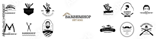 Set of barbershop logos. Hair salon logotypes with haircuts and barber tools and accessories. Vector Illustration