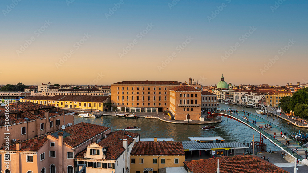 Top view of old town Venice at sunset in Italy.
