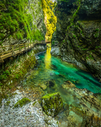 Breathtaking view over colorful Radovna river in Vintgar Gorge, Slovenia.