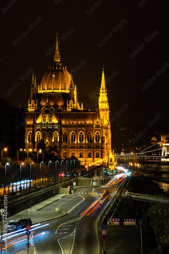 Hungary, night city Budapest, parliament on the background of the night city