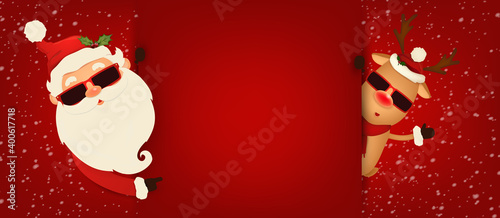 Happy Santa Claus with Reindeer standing behind a blank sign, showing on big blank sign. Cartoon Santa Claus, Reindeer character with glasses and red copy space. vector illustration