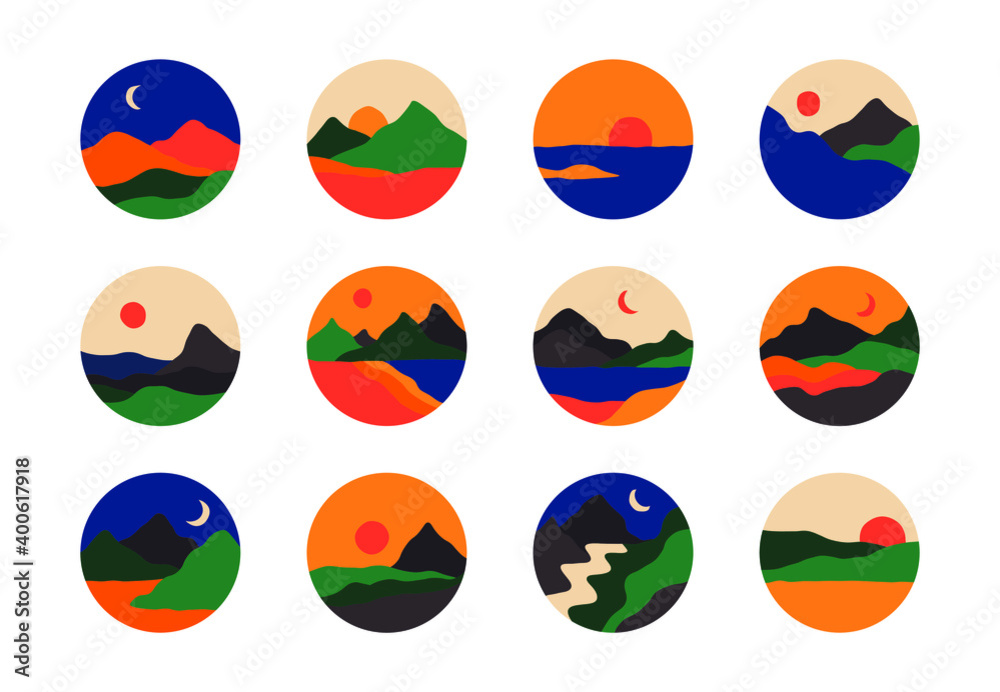Abstract social media highlight covers. Contemporary stories, boho mountains sun moon sea story round icons, vector mid century illustration Abstract social media highlight covers. Contemporary stories, boho mountains sun moon sea story round icons, vector mid century illustration